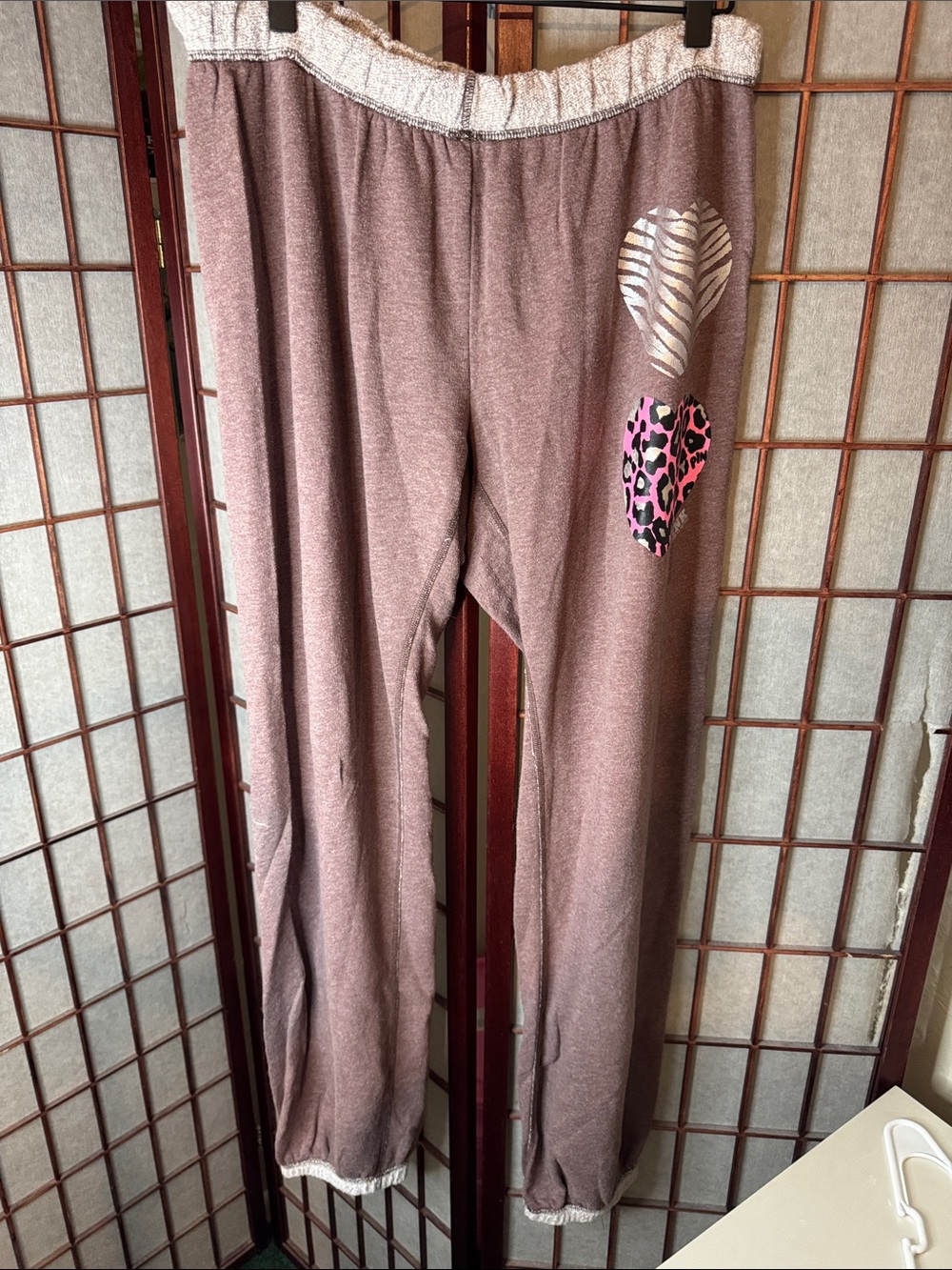 Vintage Y2K PINK VS Brown Track Pants with Pink Leopard & Gold Heart Accents